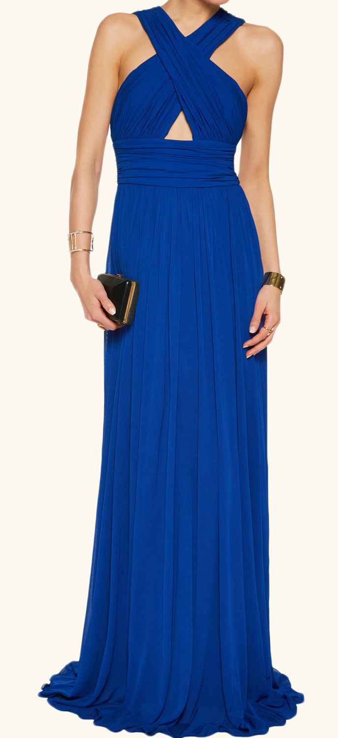MACloth V Neck Sexy Royal Blue Evening Gown Long Chiffon Formal Gown