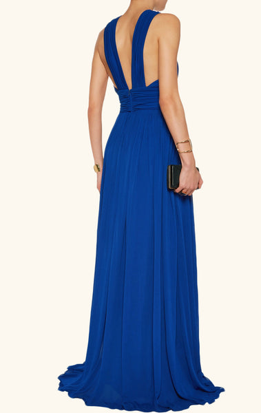 MACloth V Neck Sexy Royal Blue Evening Gown Long Chiffon Formal Gown