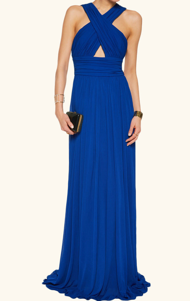 MACloth V Neck Sexy Royal Blue Evening Gown Long Chiffon Formal Gown