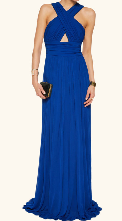 MACloth V Neck Sexy Royal Blue Evening Gown Long Chiffon Formal Gown