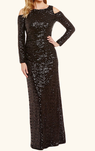 MACloth Long Sleeves Sequin Formal Evening Gown Black Prom Dress