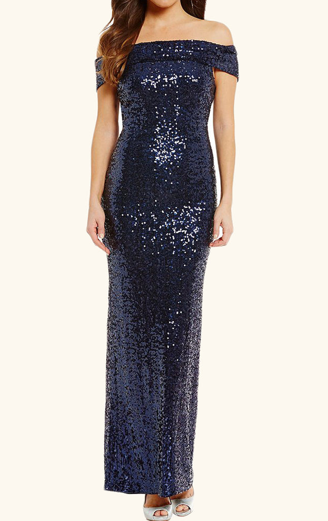 MACloth Off the Shoulder Sequin Evening Gown Dark Navy Formal Prom Dress