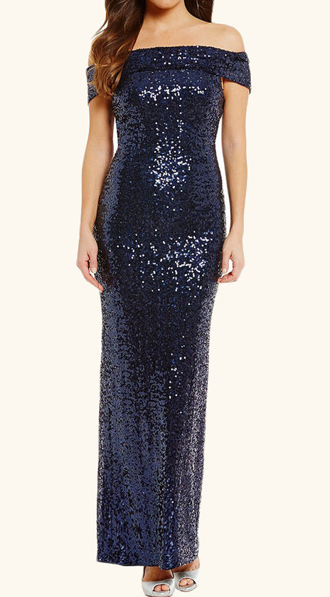 MACloth Off the Shoulder Sequin Evening Gown Dark Navy Formal Prom Dress