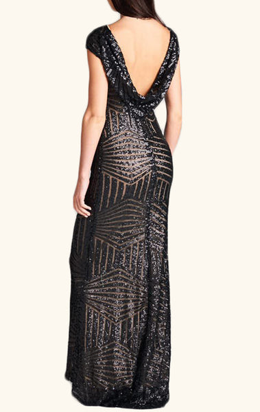 MACloth Cap Sleeves Sequin Long Bridesmaid Dress Black/ Rose Gold Formal Evening Gown