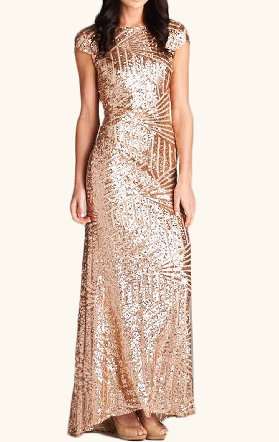 MACloth Cap Sleeves Sequin Long Bridesmaid Dress Black/ Rose Gold Formal Evening Gown