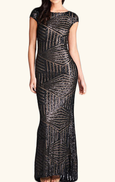 MACloth Cap Sleeves Sequin Long Bridesmaid Dress Black/ Rose Gold Formal Evening Gown