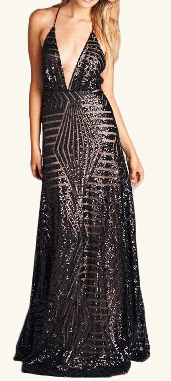 MACloth Deep V Neck Sequin Formal Evening Gown Black Long Prom Dress