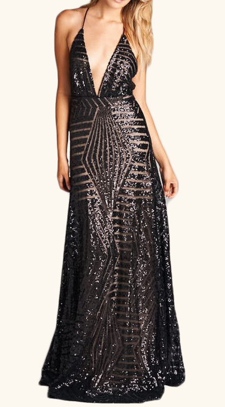 MACloth Deep V Neck Sequin Formal Evening Gown Black Long Prom Dress