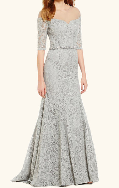 MACloth Meremaid Off the Shoulder Lace Evening Gown Silver Wedding Dress