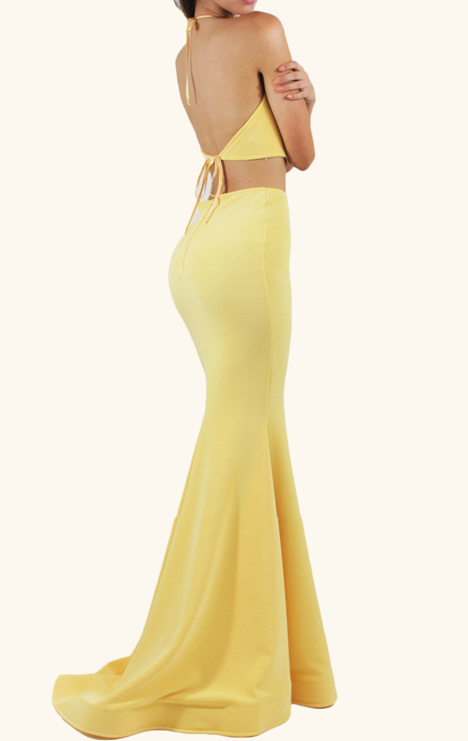 MACloth Mermaid Two Piece Jersey Prom Dress Yellow Formal Evening Gown