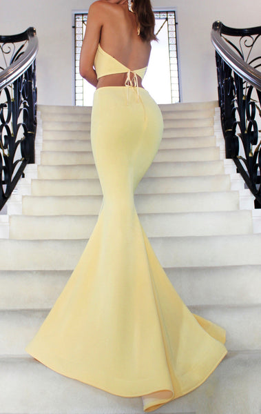 MACloth Mermaid Two Piece Jersey Prom Dress Yellow Formal Evening Gown