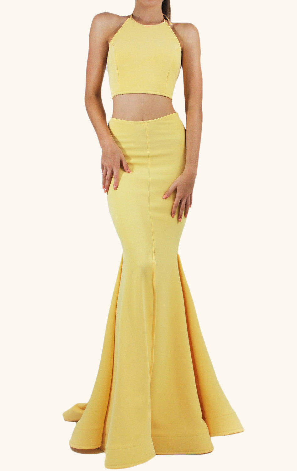 MACloth Mermaid Two Piece Jersey Prom Dress Yellow Formal Evening Gown
