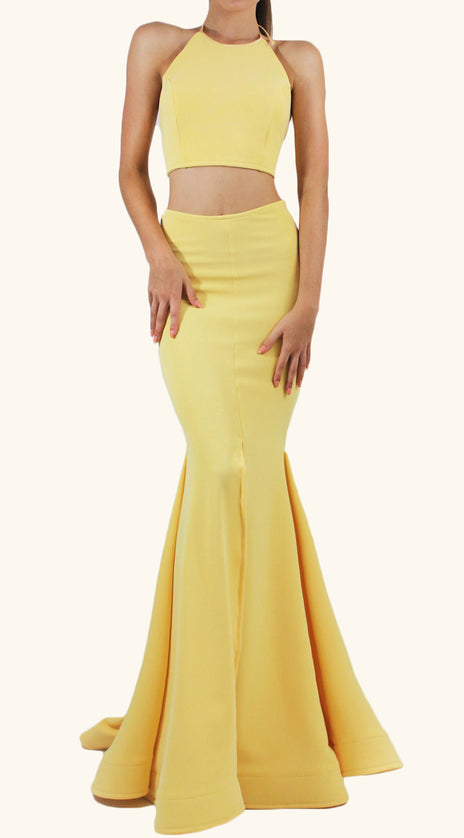 MACloth Mermaid Two Piece Jersey Prom Dress Yellow Formal Evening Gown
