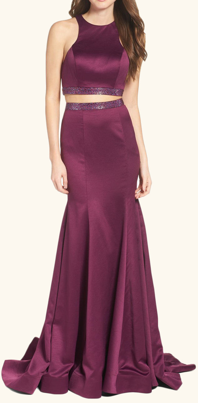 2 piece prom dresses mermaid Two Piece Floor-Length Blue Satin Cap Sleeves Prom Dress US14 / Custom Color