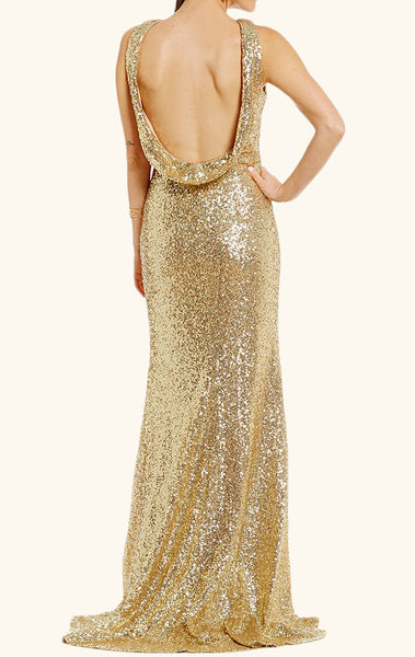 MACloth Halter Sequin Prom Dress with Slit Gold Formal Evening Gown