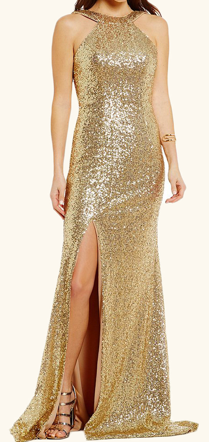 Vestido de fiesta con lentejuelas y escote halter de MACloth con abertura, vestido de noche formal dorado