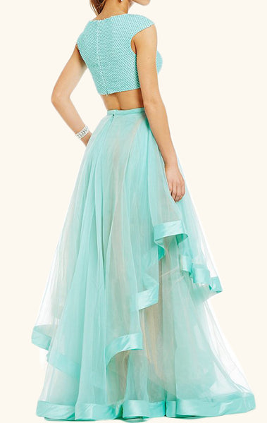 MACloth Two Piece Cap Sleeves Tulle Prom Dress Turquoise Formal Gown
