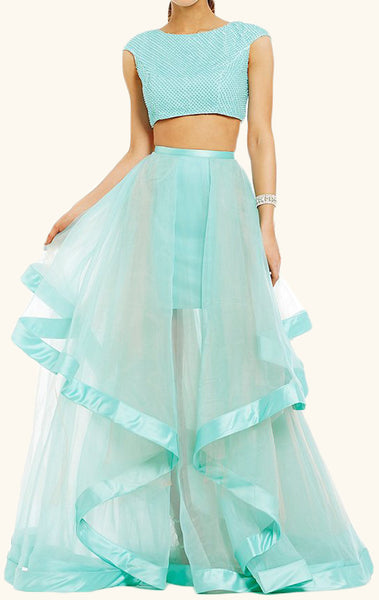 MACloth Two Piece Cap Sleeves Tulle Prom Dress Turquoise Formal Gown