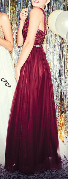 MACloth O Neck Sequin Tulle Long Prom Dress Burgundy Formal Evening Gown