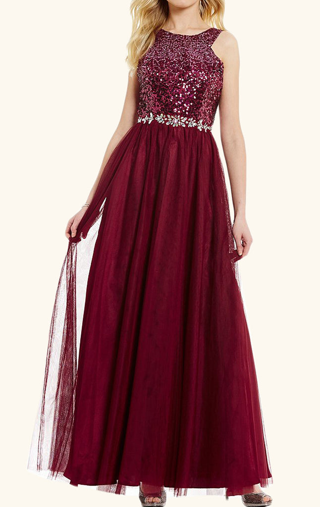 MACloth O Neck Sequin Tulle Long Prom Dress Burgundy Formal Evening Gown