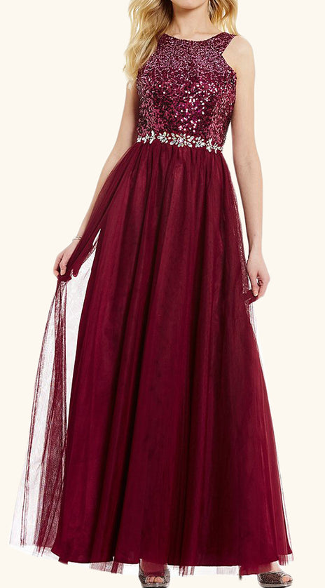 MACloth O Neck Sequin Tulle Long Prom Dress Burgundy Formal Evening Gown