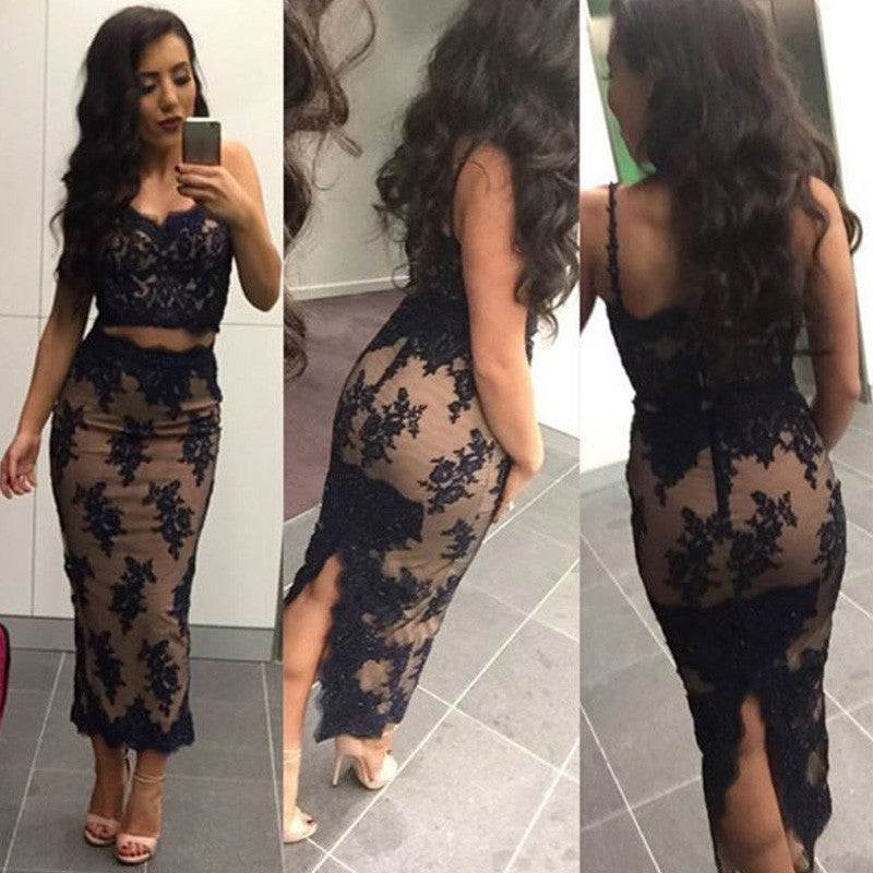 Vestido largo hasta la rodilla de encaje de dos piezas de MACloth estilo vintage