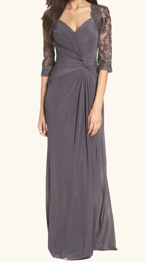 MACloth Half Sleeves Gray Evening Gown Long Mother of the Brides Dress