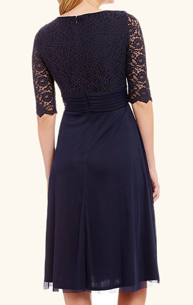 MACloth Half Sleeves V Neck Lace Mother of the Brides Dress Dark Navy Cocktail Dress