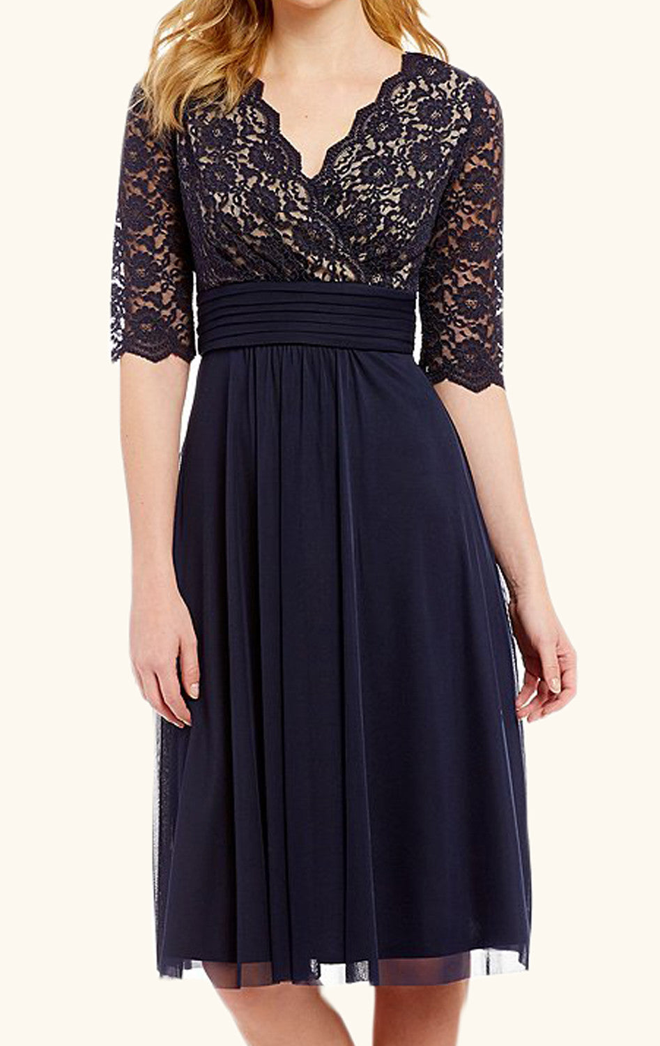 MACloth Half Sleeves V Neck Lace Mother of the Brides Dress Dark Navy Cocktail Dress