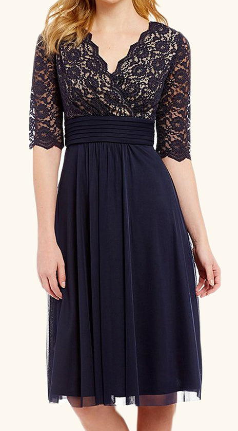 MACloth Half Sleeves V Neck Lace Mother of the Brides Dress Dark Navy Cocktail Dress