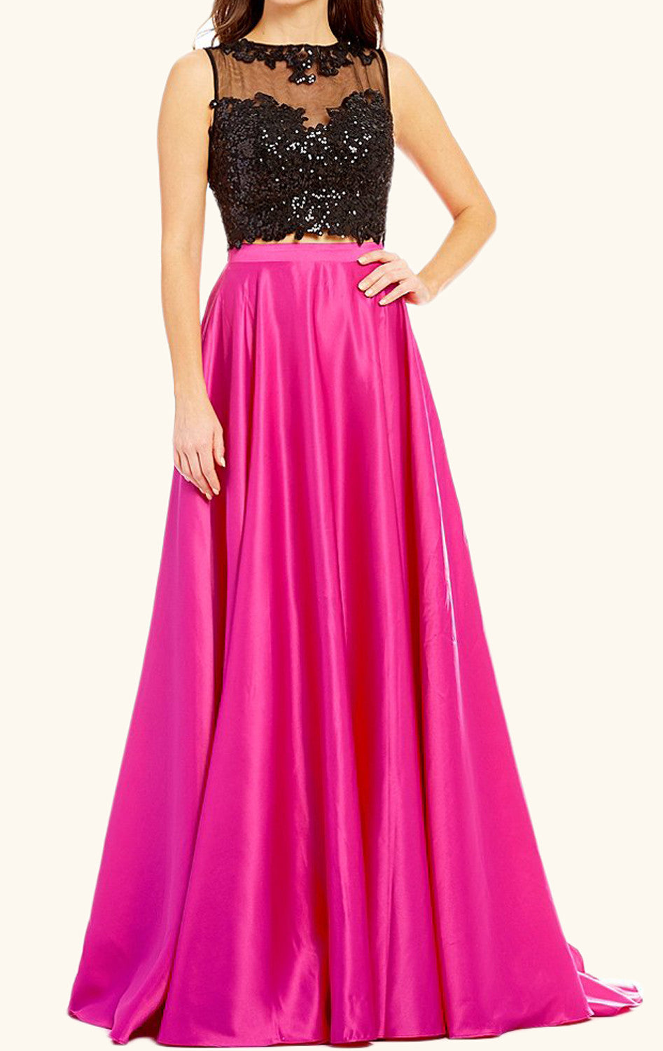 Vestido de fiesta largo de satén con lentejuelas de MACLoth de dos piezas, vestido de noche formal fucsia
