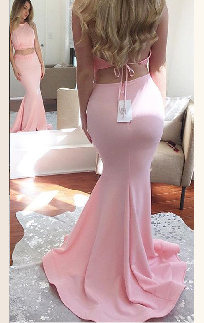 Vestido de fiesta de dos piezas de jersey de sirena de MACloth, vestido de noche formal rosa