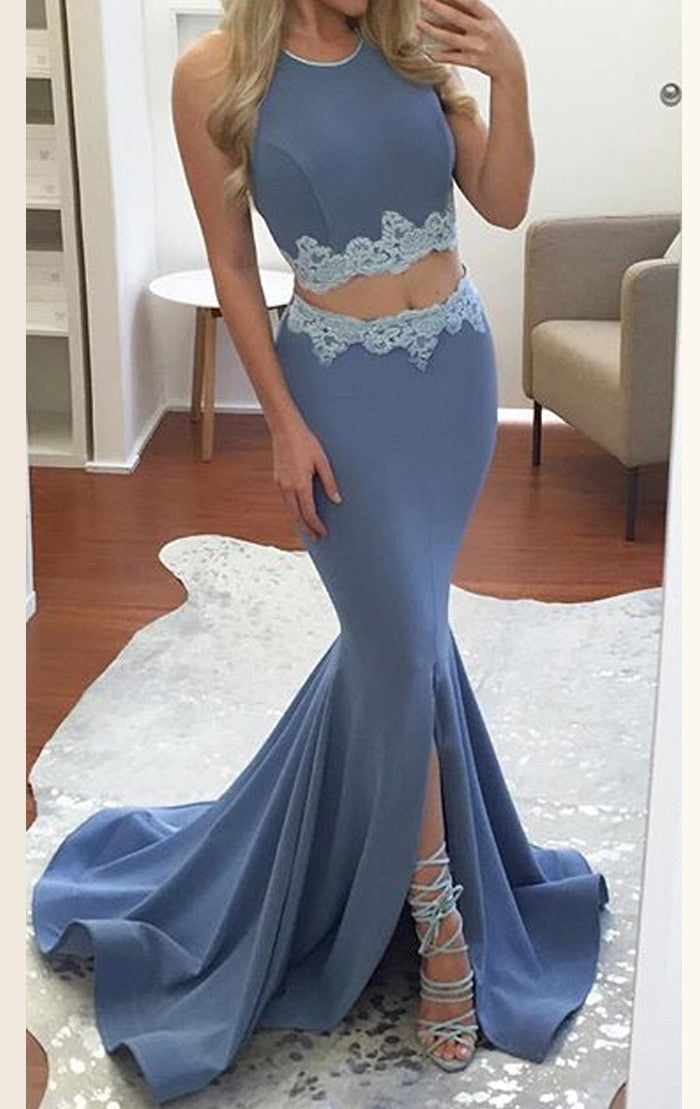 Vestido de fiesta de dos piezas de jersey de sirena de MACloth, vestido de noche formal rosa