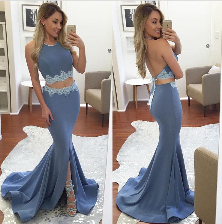 Vestido de fiesta de dos piezas de jersey de sirena de MACloth, vestido de noche formal rosa