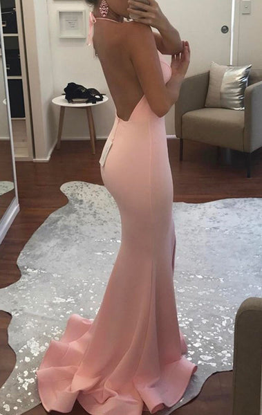 MACloth Mermaid Halter Jersey Long Prom Dress Pink/Yellow Formal Gown
