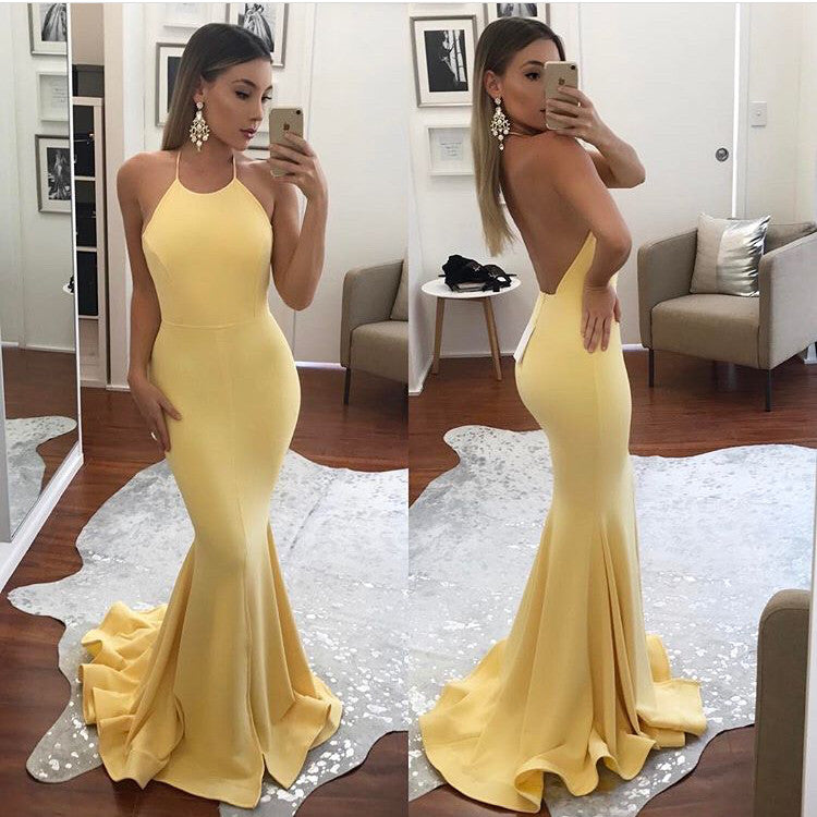 MACloth Meerjungfrau Neckholder Jersey Langes Ballkleid Rosa/Gelb Abendkleid