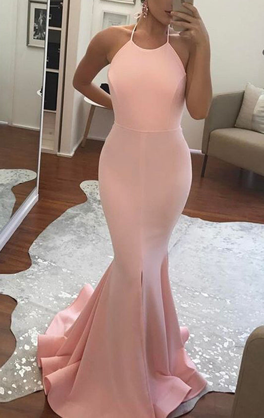 MACloth Mermaid Halter Jersey Long Prom Dress Pink/Yellow Formal Gown