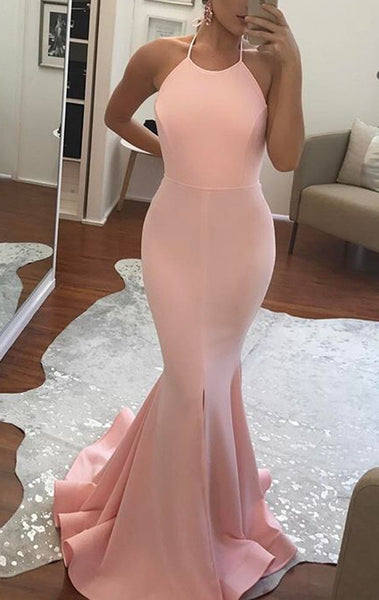 MACloth Mermaid Halter Jersey Long Prom Dress Pink/Yellow Formal Gown