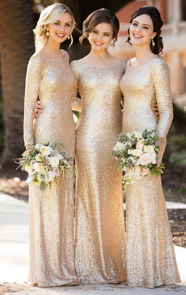 MACloth Long Sleeves Sequin Maxi Bridesmaid Dress Rose Gold Formal Evening