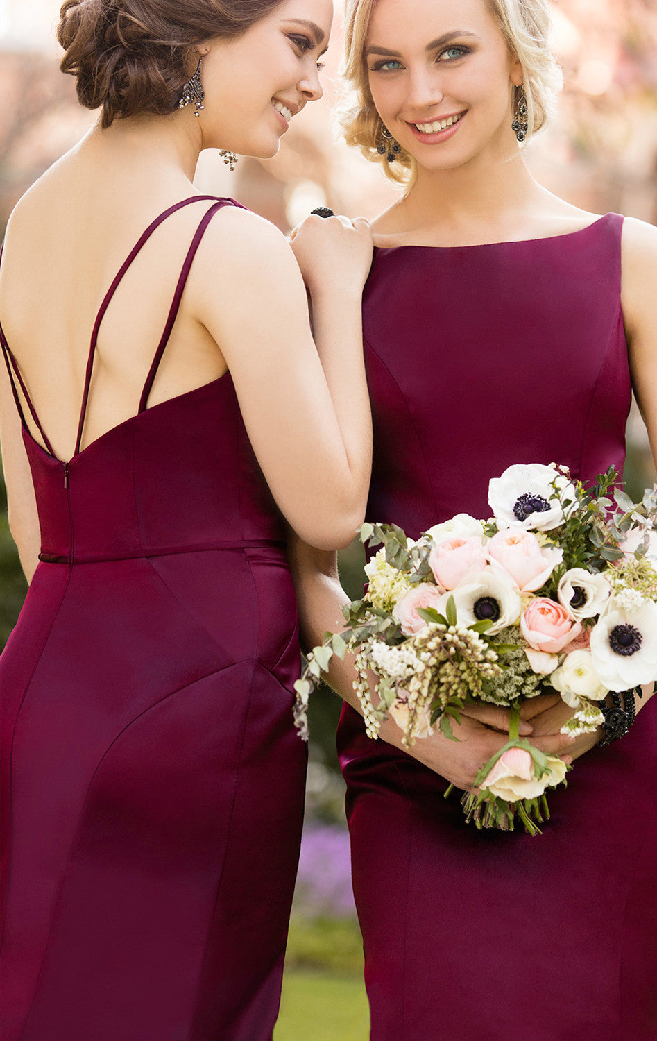 MACloth Burgundy Long Bridesmaid Dress Satin Formal Gown