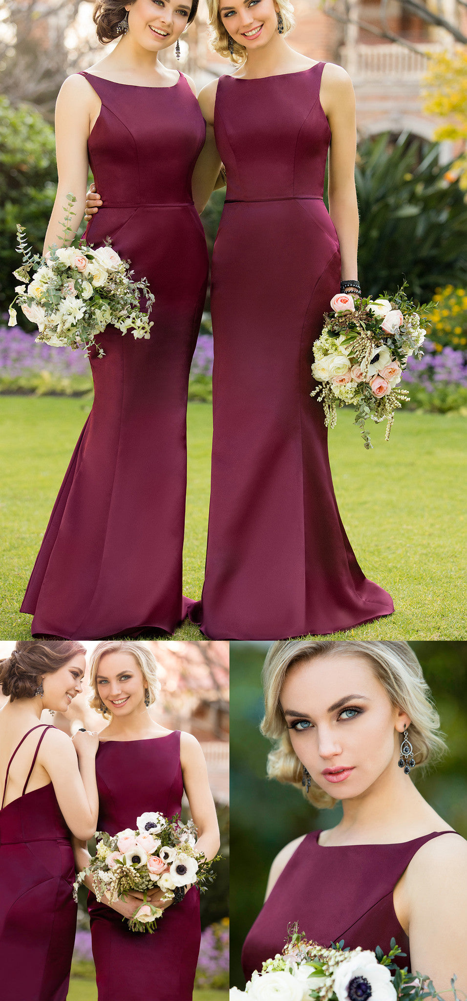 MACloth Burgundy Long Bridesmaid Dress Satin Formal Gown