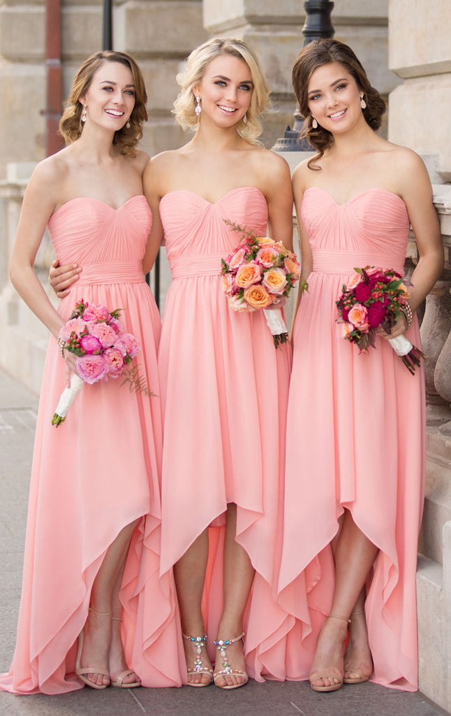 MACloth Strapless Chiffon High Low Bridesmaid Dress Pink Formal Gown