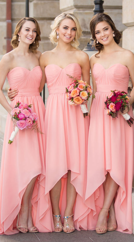 MACloth Strapless Chiffon High Low Bridesmaid Dress Pink Formal Gown