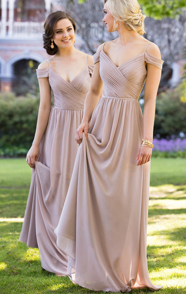 MACloth Off the Shoulder Chiffon Bridesmaid Dress V Neck Champagne Formal Gown