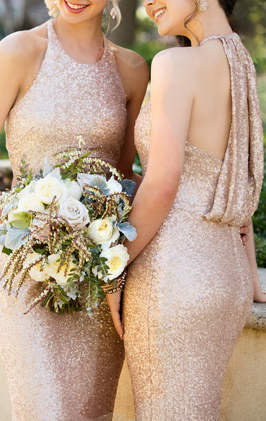 MACloth High Neck Sequin Long Bridesmaid Dress Blush Formal Gown