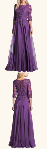 MACloth Half Sleeves Lace Chiffon Long Mother of the Brides Dress Purple Formal Evening Gown