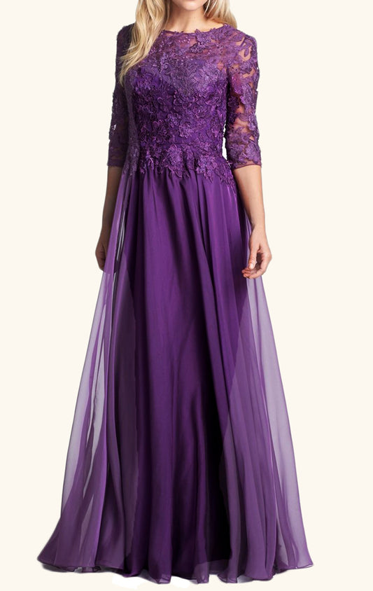 Vestido largo de gasa con encaje y media manga para madre de la novia de MACloth, vestido de noche formal morado