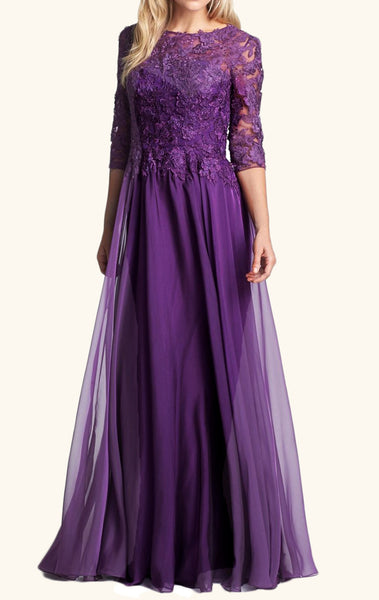 MACloth Half Sleeves Lace Chiffon Long Mother of the Brides Dress Purple Formal Evening Gown