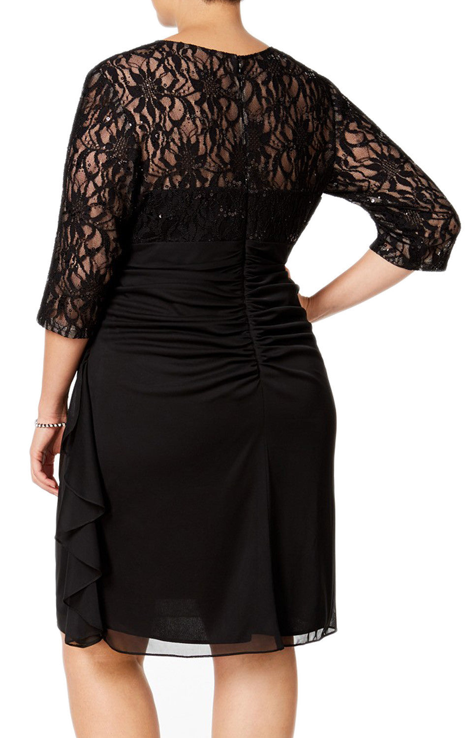 MACloth Half Sleeves Lace Chiffon Midi Cocktail Dress Black Mother of the Brides Dress