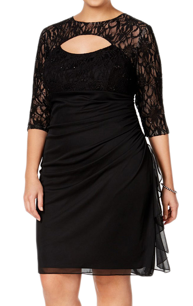 MACloth Half Sleeves Lace Chiffon Midi Cocktail Dress Black Mother of the Brides Dress